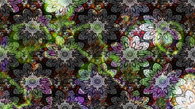 Çok renkli ve siyah zarif küçük çiçekler ve gri ve siyah renkli komik böcekler, raster deseni, illüstrasyon.