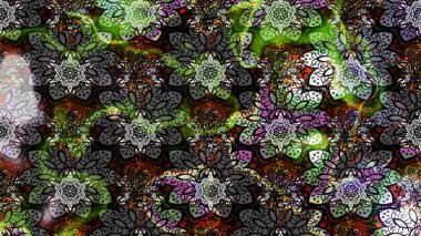 El çizimi çiçek çizimi deseni (fayans). Şirin çiçekli, desenli, gri ve siyah renkli renkli bir eskiz. Tekstil için suluboya çizim deseni.