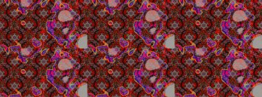 Tekstil için suluboya eskiz deseni. El çizimi çiçek çizimi deseni (fayans). Şirin çiçekleri, desenleri, kahverengi ve kırmızı renkleri olan renkli çizim deseni.