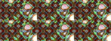 Üzerinde gelincikler ve vadi zambakları olan renkli çiçek desenli nakış deseni. Tekstil tasarımı için geleneksel Raster çiçek buketi yeşil ve kahverengi renkler.