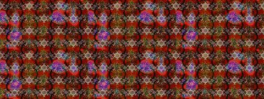 Patlayan çiçekler soyut olarak yerleştirilmiş. Kahverengi ve kırmızı renklerde bahar çiçekleri. Raster illüstrasyonu. Raster deseni.