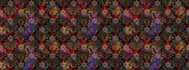 Halk tarzı. Moda baskıları için zarif bir şablon. Parlak renkli çiçekleri ve siyah ve kahverengi renkte yaprakları olan harika bir çiçek deseni. Modern çiçek arkaplanı.