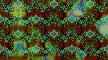 Kumaş desenli papatya çiçeği detayı. Yeşil ve kahverengi renkte çiçekler.