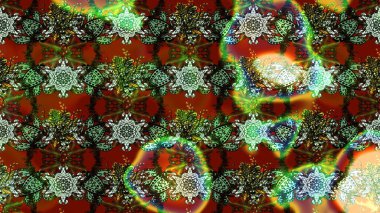 Raster illüstrasyonu. Yeşil ve kahverengi renklere karalamalar çizilmiş çiçek deseni.