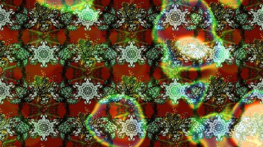 Raster illüstrasyonu. Yeşil ve kahverengi renklere karalamalar çizilmiş çiçek deseni.