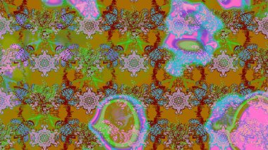 Çiçekli karalama şeklinde Raster çiçek deseni. Raster illüstrasyonu. Yeşil ve kahverengi renkte yaz çiçekleri..