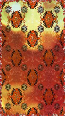 Çiçek ve yapraklı karalama şeklinde Raster çiçek deseni. Raster illüstrasyonu. Kahverengi ve turuncu renklerde bahar çiçekleri..