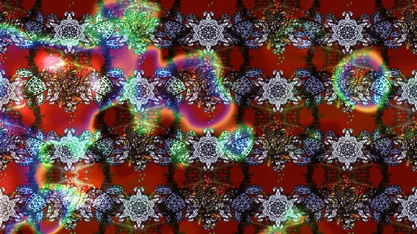 Raster illüstrasyonu. Renkli süs kenarı. Çiçek duvar kağıdı. Çizim kalıbı. Kırmızı ve kahverengi renklerde. Hint süsü..