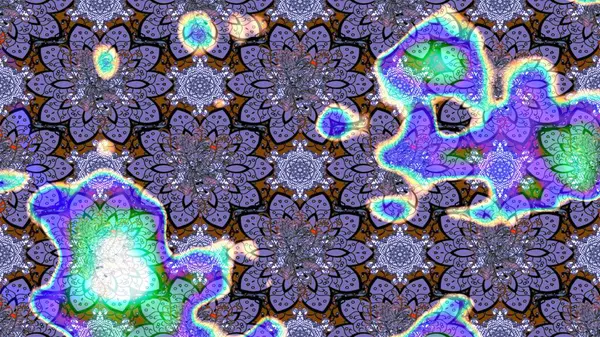 Asya tekstil tarzında. Mor ve mavi renkte çiçekler. Raster illüstrasyonu. Raster illüstrasyonu. Çiçek desenini çiz.