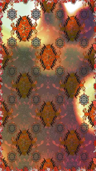 Kahverengi ve turuncu küçük çiçekler ve kahverengi ve turuncu renkli komik böcekler, raster desen, illüstrasyon.