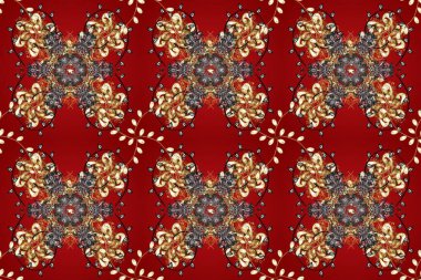 Geleneksel altın sarısı desenli kırmızı, bej ve kahverengi renkler ve altın elementler. Barok tarzında kusursuz bir doğulu süsü..