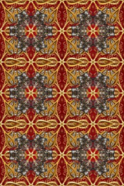 Kahverengi, kırmızı ve gri renklerde altın rengi kusursuz desen. Altın elementlerle. Raster illüstrasyonu. Kusursuz damaske klasik altın desen. Tekrarlayan ögelerle soyut arkaplan Raster.