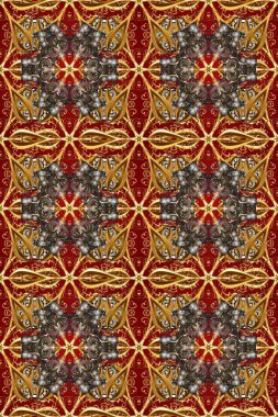 Kahverengi, kırmızı ve gri renklerde altın rengi kusursuz desen. Altın elementlerle. Raster illüstrasyonu. Kusursuz damaske klasik altın desen. Tekrarlayan ögelerle soyut arkaplan Raster.