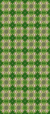 Raster altın tekstil baskısı. Çiçek kiremitleri. Altın desenli yeşil, nötr ve bej rengi altın elementlerle. Kusursuz desenli oryantal süs. İslam tasarımı.