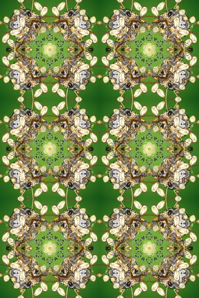 Damask arkaplanı. Barok tarzında altın çiçekli süs. Yeşil, bej ve gri renklerde altın bir element. Altın çiçekli, pürüzsüz desen.