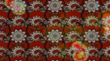 Kahverengi ve kırmızı renklerde Asya tekstili. Suluboya çiçekli çiçek deseni. Raster illüstrasyonu.