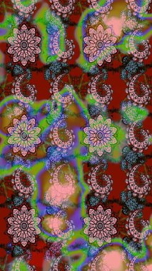 Yeşil ve kahverengi renkli etnik çiçekli zarif eskiz deseni. Raster Çiçek İllüstrasyonu güzel tekstil..