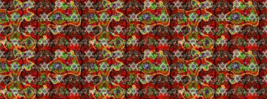 Raster illüstrasyonu. Patlayan çiçekler soyut olarak yerleştirilmiş. Raster deseni. Nazikçe, bahar çiçekleri kahverengi ve kırmızı renklerde.