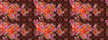 Raster illüstrasyonu. Tropik çiçek desenleri. Pembe ve kahverengi renkte çiçekler.