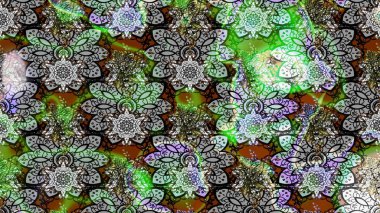 Renkli grunge, soyut arkaplanı kologray ve yeşil çiçeklerle süslüyor. Parmak izi, kumaş, duvar kâğıdı, tekstil için raster dokusu. Nakış desenli çiçek deseni..