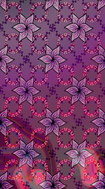 Çiçek ve yapraklı karalama şeklinde Raster çiçek deseni. Raster illüstrasyonu. Yumuşak, bahar çiçekleri mor ve kahverengi renklerde.