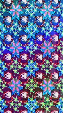 Hediye ambalaj kağıdı, tebrik kartları, posterler ve pankart tasarımı. Mavi ve mor renkli çiçekler. Raster düz çiçek çizim deseni.