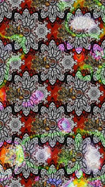 Kabile sanatı boho baskısı, klasik çiçek arkaplanı. Soyut etnik raster çizim kalıbı. Arkaplan dokusu, duvar kağıdı, gri ve siyah renkli çiçek teması.