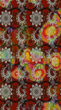 1950-1960 motifleri. Çiçekli ipek eşarp. Retro tekstil tasarım koleksiyonu. Kahverengi ve kırmızı kahverengi ve kırmızıya. El çizimi çiçek elementleri ile soyut çizim raster deseni.