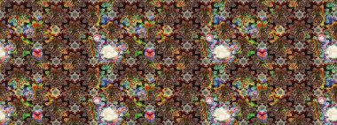 Kumaş, tekstil, duvar kağıdı baskısı için. Eskiz geçmişi. Raster illüstrasyonu. Eski usul. Renkli desenli eskiz deseni, kahverengi ve siyah çiçekler ve dekoratif elementler.