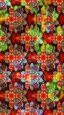 Tekrar eden çiçek arkaplanı, zarif kırmızı ve siyah çiçek duvar kağıdı. Kırmızı ve siyah renkler üzerine çiçek desenli çizimler, el yapımı papatyalar, papatyalar..