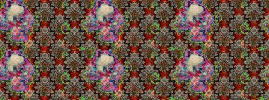 Halk tarzı. Moda baskıları için zarif bir şablon. Modern çiçek arkaplanı. Parlak renkli çiçekleri olan ve gri ve nötr renklerde yaprakları olan inanılmaz bir çiçek deseni..