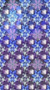 Çiçeksel çizim kalıbının yansıması. Vadinin mavi ve menekşe rengi çiçekleri.