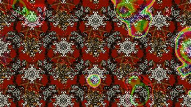 Kahverengi ve kırmızı renkte etnik çiçeklerle süslenmiş zarif bir eskiz şekli. Asya Tekstil 'inde Raster Çiçek İllüstrasyonu.