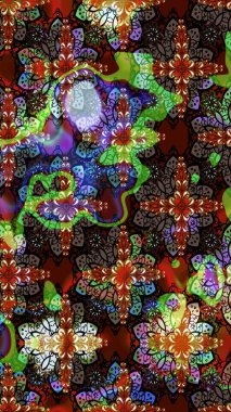 Halk tarzı. Parlak renkli çiçekleri olan ve kahverengi ve siyah renkli yaprakları olan harika bir çiçek deseni. Moda baskıları için zarif bir şablon. Modern çiçek arkaplanı.