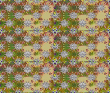 Düz Çiçek Elementleri Tasarımı. Renkli Bahar Temalı Kusursuz Arkaplan. Kahverengi ve nötr renklerde çiçekler. Raster illüstrasyonunda kusursuz çiçek deseni.