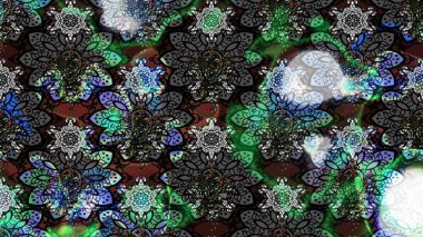 Renkli desenli eskiz deseni, gri ve siyah çiçekler ve dekoratif elementler. Kumaş, tekstil, duvar kağıdı baskısı için. Eski usul. Raster illüstrasyonu. Taslak arkaplan.