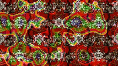 Raster deseni. Patlayan çiçekler soyut olarak yerleştirilmiş. Raster illüstrasyonu. Nazikçe, bahar çiçekleri kahverengi ve kırmızı renklerde.