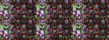 Moda baskıları için zarif bir şablon. Halk tarzı. Parlak renkli çiçekleri olan ve gri ve siyah renkte yaprakları olan harika bir çiçek deseni. Modern çiçek arkaplanı.