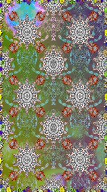 Çiçekli el, pürüzsüz desen çizmiş. Modern gelişim, gri ve yeşil raster arka plan duvar kağıdı çizimi, klasik çizgiler, desenli desenli çiçekler, çiçekli süsler..