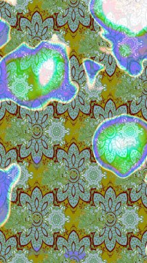 Raster illüstrasyonu. Yeşil ve mavi renklere karalamalar çizilmiş çiçek deseni.