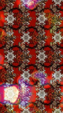 Çiçek süslemeli çizim deseni. Raster illüstrasyonu. Kahverengi ve kırmızı renkte çiçekler.