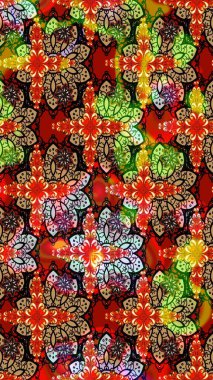 Kırmızı ve siyah renkte etnik çiçeklerle süslenmiş zarif bir eskiz şekli. Raster Çiçek İllüstrasyon Şirin Tekstil.