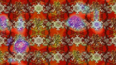 Çiçeksel çizim kalıbının yansıması. Vadinin çiçekleri kahverengi ve kırmızı renklerde.