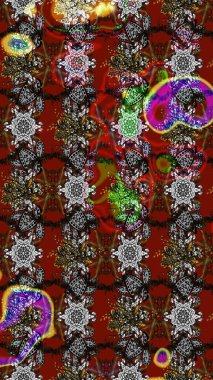 Gri ve kırmızı renklerde Asya tekstili. Çiçek desenli çizim. Raster illüstrasyonu.