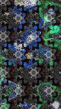 Çiçekler. Soyut etnik raster çizim kalıbı. Vadinin gri ve siyah renkli çiçekleri.