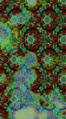 Raster illüstrasyonundaki çiçek desenli çizim. Güzel kumaş deseni. Yeşil ve kahverengi renklerde. Raster illüstrasyonu.