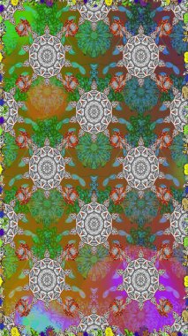 El çizimi. Çiçeklerle kusursuz desen. Yeşil ve kahverengi renkli çiçekler. Suluboya çizimi.