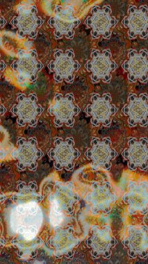 Raster Floral Illustration, Asyalı tekstil. Kahverengi ve gri renkte etnik çiçeklerle süslenmiş zarif bir eskiz..