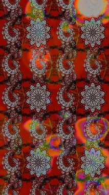 Kumaş, tekstil, duvar kağıdı baskısı için. Raster illüstrasyonu. Eskiz geçmişi. Eski usul. Renkli desenli eskiz deseni, kahverengi ve kırmızı çiçekler ve dekoratif elementler.