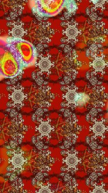 Kumaş desenli papatya çiçeği detayı. Kahverengi ve kırmızı renkte çiçekler.